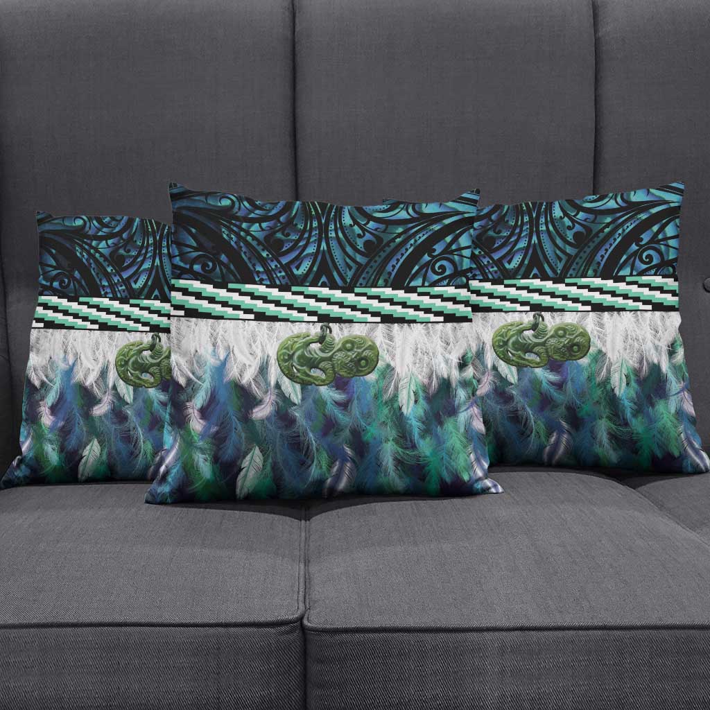 Turquoise Traditional Cloak Aotearoa Pillow Cover Maori Paua Shell Korowai Pattern - Polynesian Pride