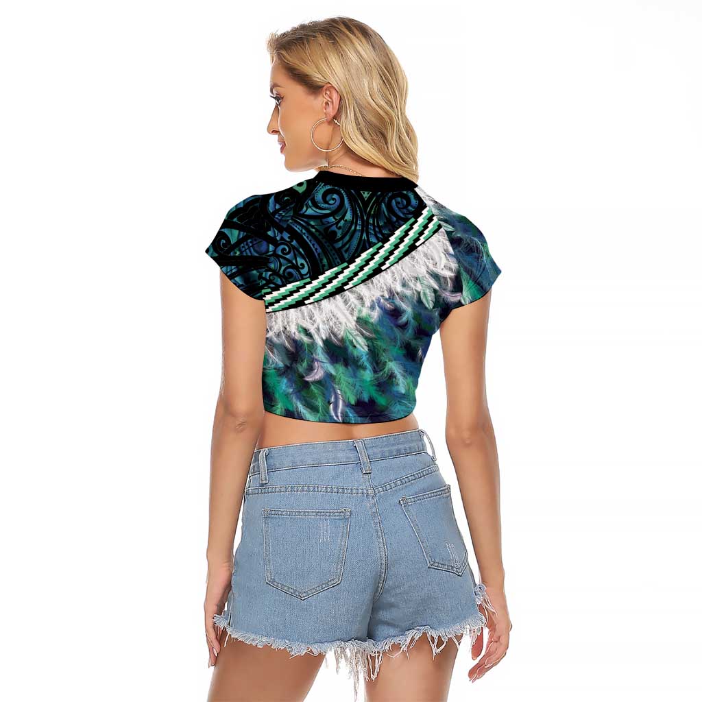 Turquoise Traditional Cloak Aotearoa Raglan Cropped T Shirt Maori Paua Shell Korowai Pattern LT14 - Polynesian Pride