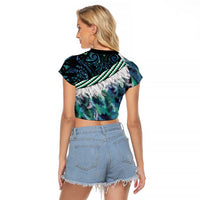 Turquoise Traditional Cloak Aotearoa Raglan Cropped T Shirt Maori Paua Shell Korowai Pattern LT14 - Polynesian Pride