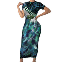 Turquoise Traditional Cloak Aotearoa Short Sleeve Bodycon Dress Maori Paua Shell Korowai Pattern LT14 Long Dress Turquoise - Polynesian Pride