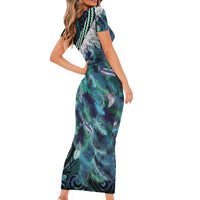 Turquoise Traditional Cloak Aotearoa Short Sleeve Bodycon Dress Maori Paua Shell Korowai Pattern LT14 - Polynesian Pride
