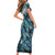 Turquoise Traditional Cloak Aotearoa Short Sleeve Bodycon Dress Maori Paua Shell Korowai Pattern