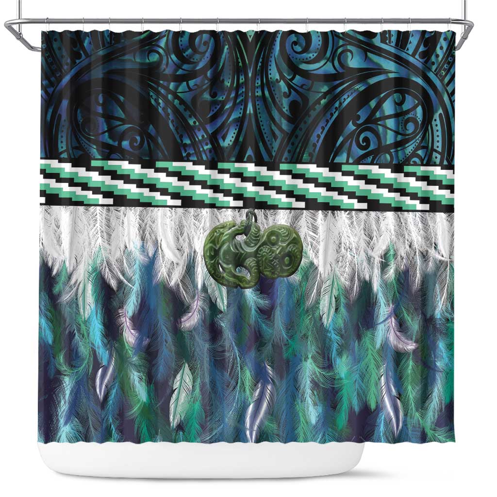 Turquoise Traditional Cloak Aotearoa Shower Curtain Maori Paua Shell Korowai Pattern