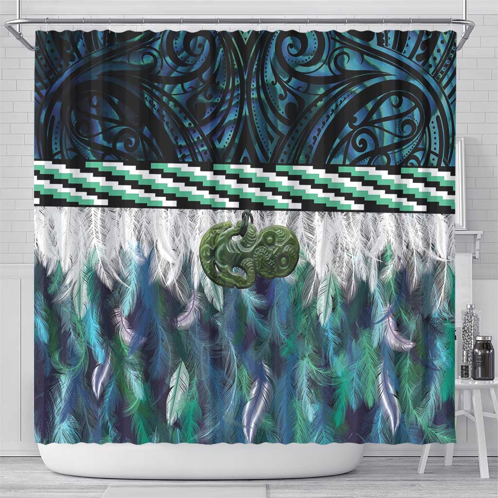 Turquoise Traditional Cloak Aotearoa Shower Curtain Maori Paua Shell Korowai Pattern