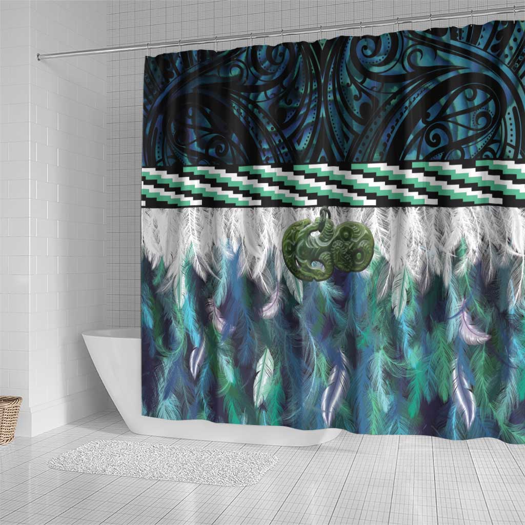 Turquoise Traditional Cloak Aotearoa Shower Curtain Maori Paua Shell Korowai Pattern