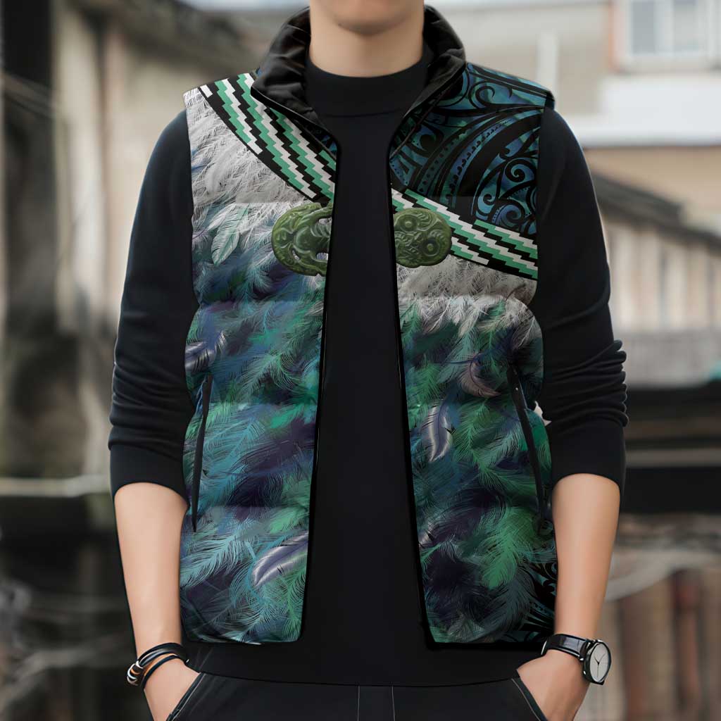 Turquoise Traditional Cloak Aotearoa Sleeveless Puffer Jacket Maori Paua Shell Korowai Pattern - Polynesian Pride