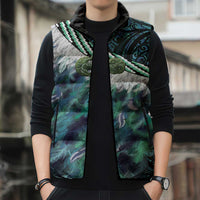 Turquoise Traditional Cloak Aotearoa Sleeveless Puffer Jacket Maori Paua Shell Korowai Pattern - Polynesian Pride