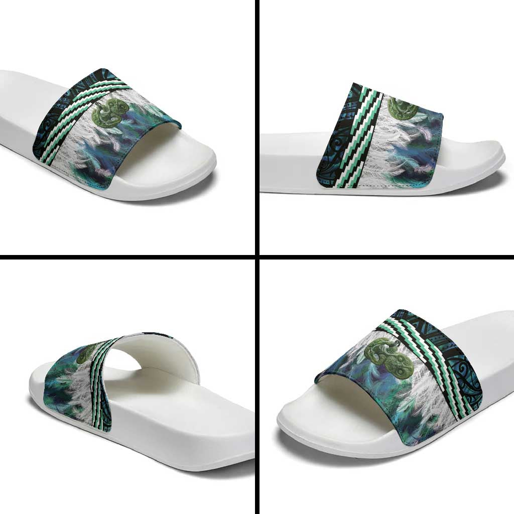 Turquoise Traditional Cloak Aotearoa Slide Sandals Maori Paua Shell Korowai Pattern - Polynesian Pride