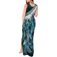 Turquoise Traditional Cloak Aotearoa Tank Maxi Dress Maori Paua Shell Korowai Pattern