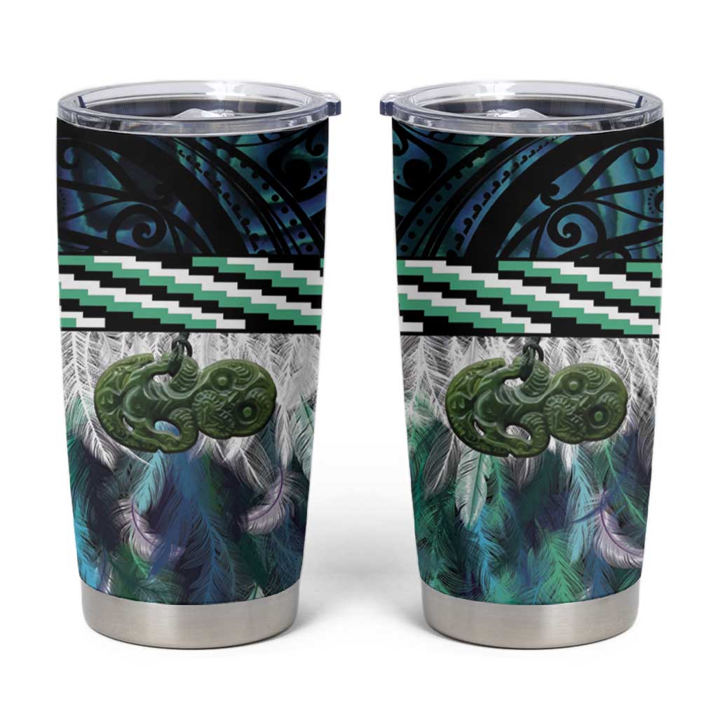 Turquoise Traditional Cloak Aotearoa Tumbler Cup Maori Paua Shell Korowai Pattern