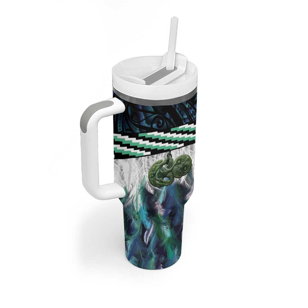 Turquoise Traditional Cloak Aotearoa Tumbler With Handle Maori Paua Shell Korowai Pattern