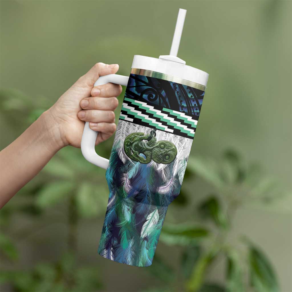 Turquoise Traditional Cloak Aotearoa Tumbler With Handle Maori Paua Shell Korowai Pattern