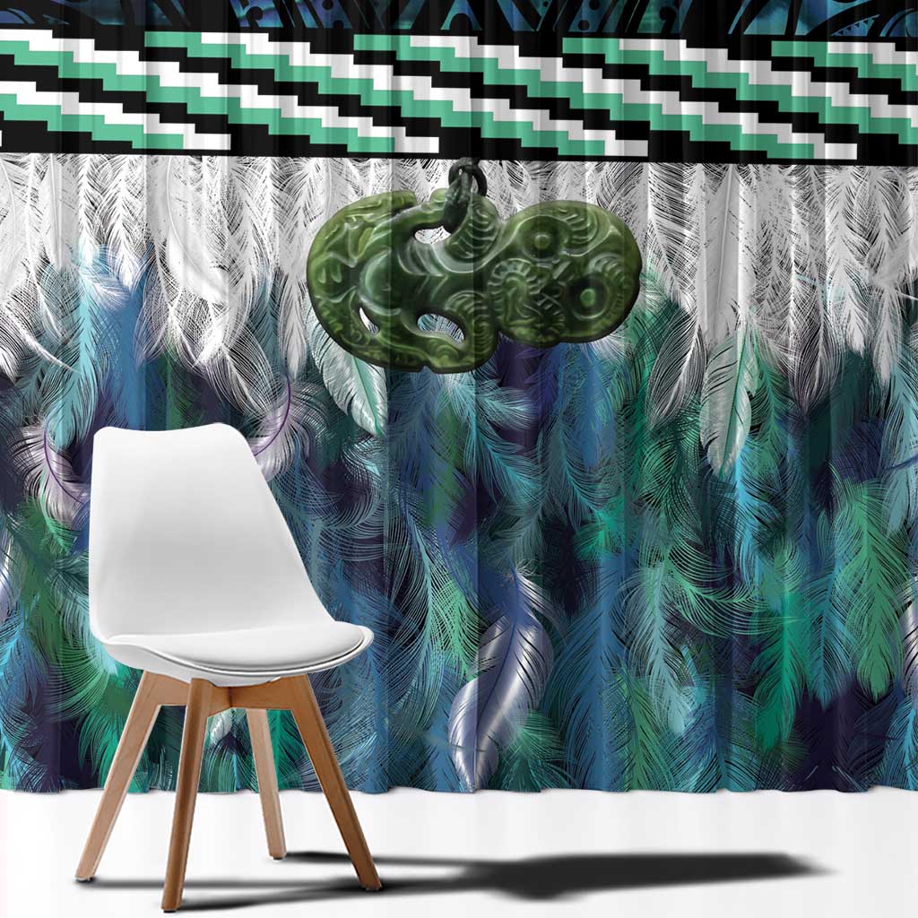Turquoise Traditional Cloak Aotearoa Window Curtain Maori Paua Shell Korowai Pattern