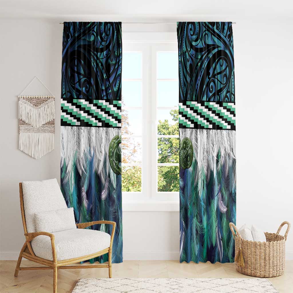 Turquoise Traditional Cloak Aotearoa Window Curtain Maori Paua Shell Korowai Pattern