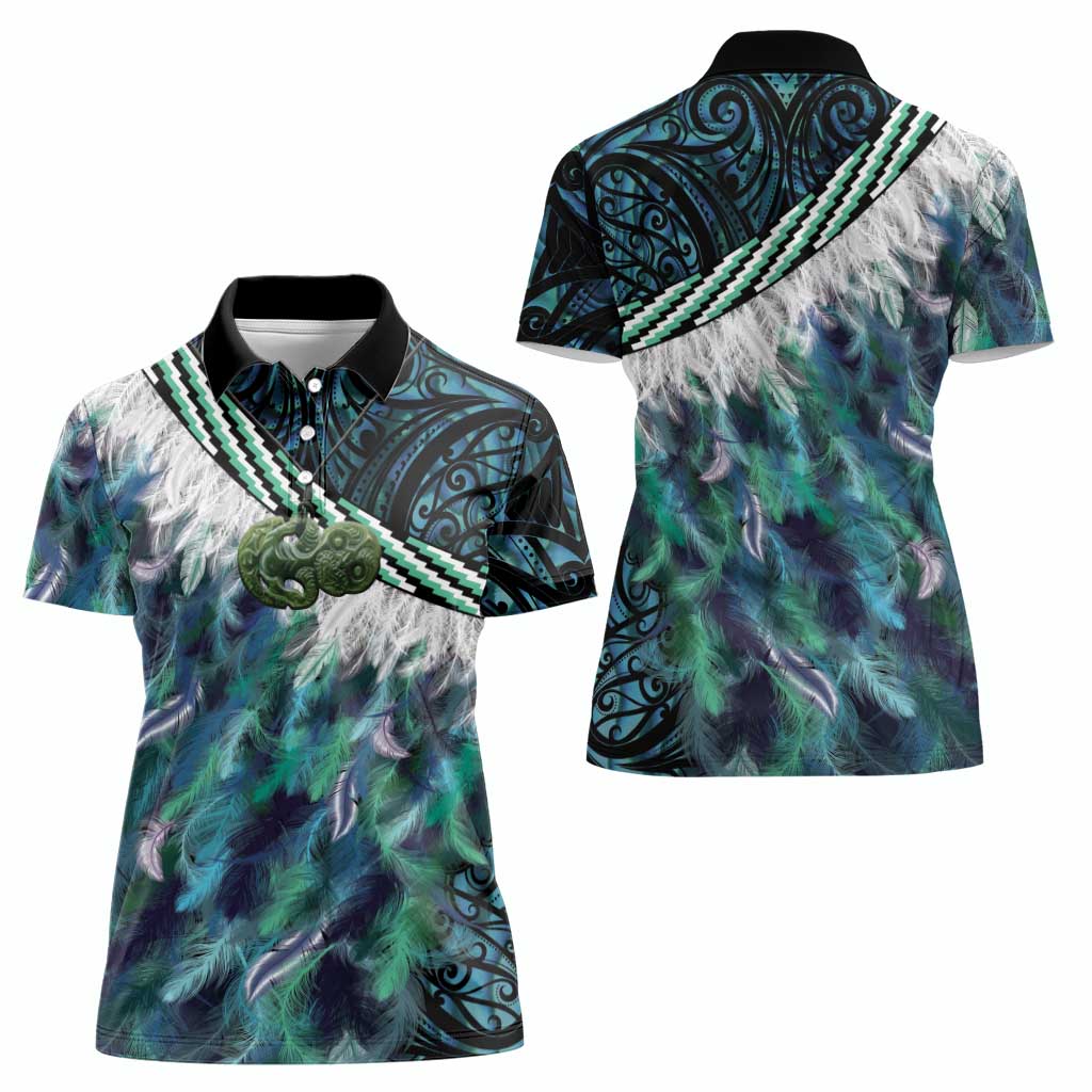 Turquoise Traditional Cloak Aotearoa Women Polo Shirt Maori Paua Shell Korowai Pattern
