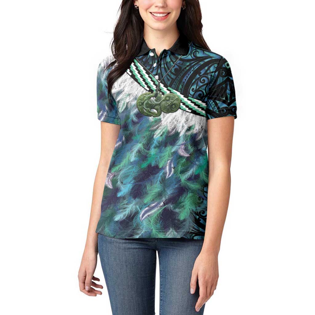 Turquoise Traditional Cloak Aotearoa Women Polo Shirt Maori Paua Shell Korowai Pattern
