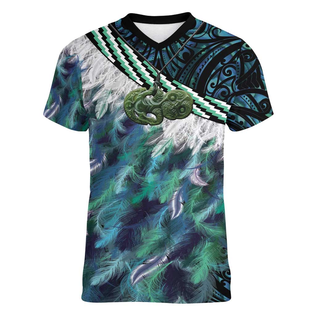 Turquoise Traditional Cloak Aotearoa Women V-Neck T-Shirt Maori Paua Shell Korowai Pattern