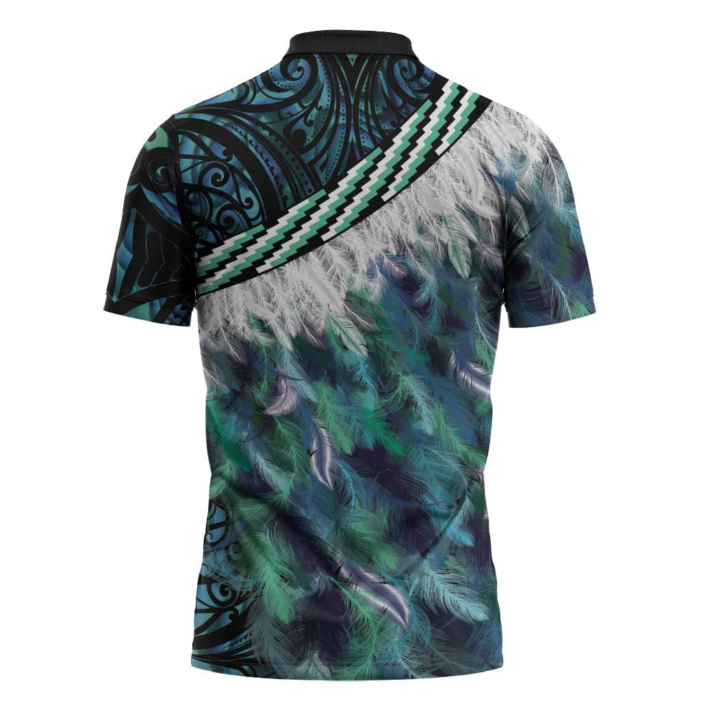 Turquoise Traditional Cloak Aotearoa Zipper Polo Shirt Maori Paua Shell Korowai Pattern - Polynesian Pride