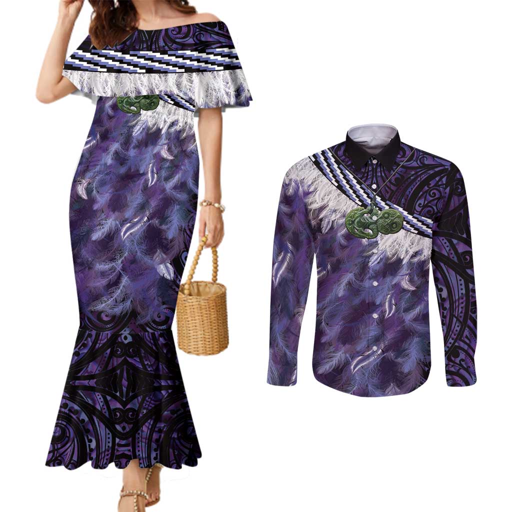 Purple Traditional Cloak Aotearoa Couples Matching Mermaid Dress and Long Sleeve Button Shirt Maori Paua Shell Korowai Pattern