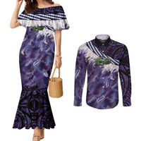 Purple Traditional Cloak Aotearoa Couples Matching Mermaid Dress and Long Sleeve Button Shirt Maori Paua Shell Korowai Pattern