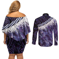 Purple Traditional Cloak Aotearoa Couples Matching Off Shoulder Short Dress and Long Sleeve Button Shirt Maori Paua Shell Korowai Pattern