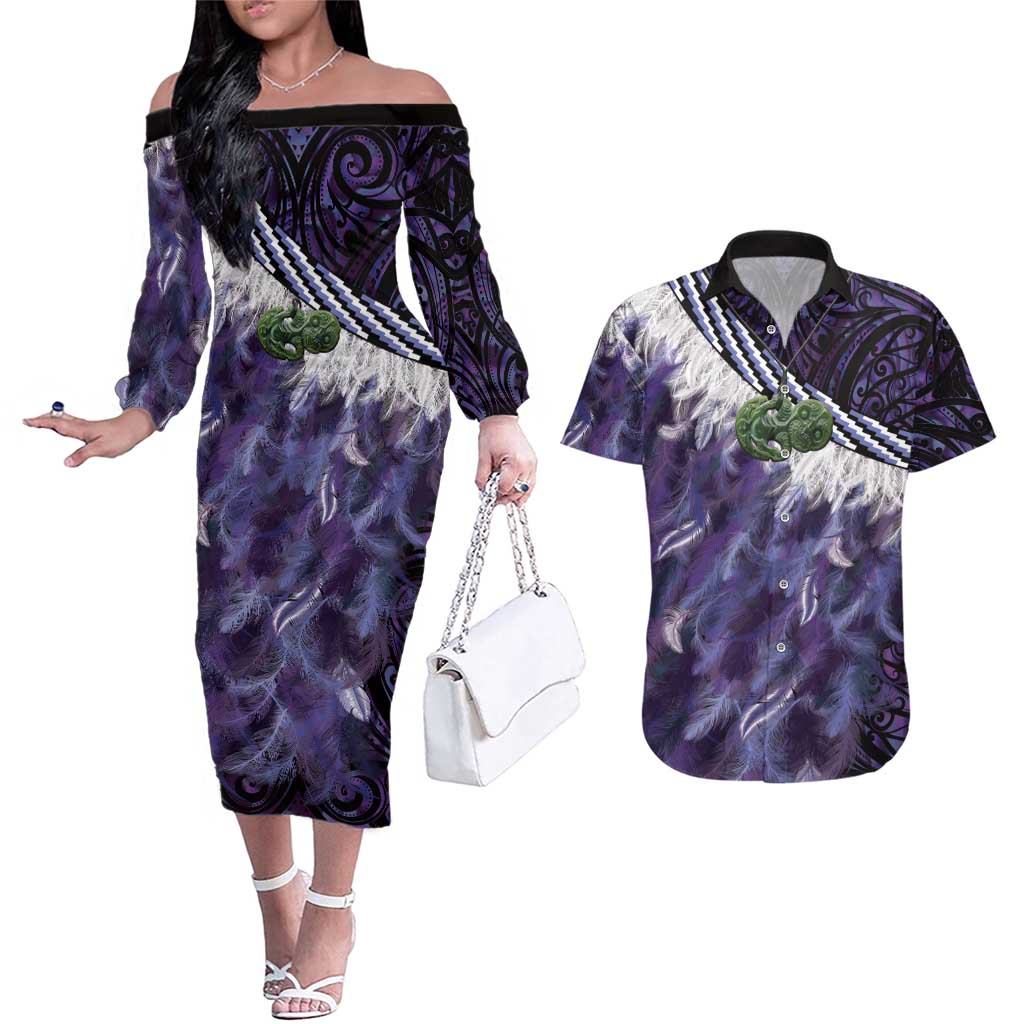 Purple Traditional Cloak Aotearoa Couples Matching Off The Shoulder Long Sleeve Dress and Hawaiian Shirt Maori Paua Shell Korowai Pattern LT14 Purple - Polynesian Pride
