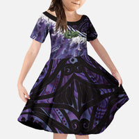 Purple Traditional Cloak Aotearoa Family Matching Long Sleeve Bodycon Dress and Hawaiian Shirt Maori Paua Shell Korowai Pattern LT14 Daughter's Dress Purple - Polynesian Pride
