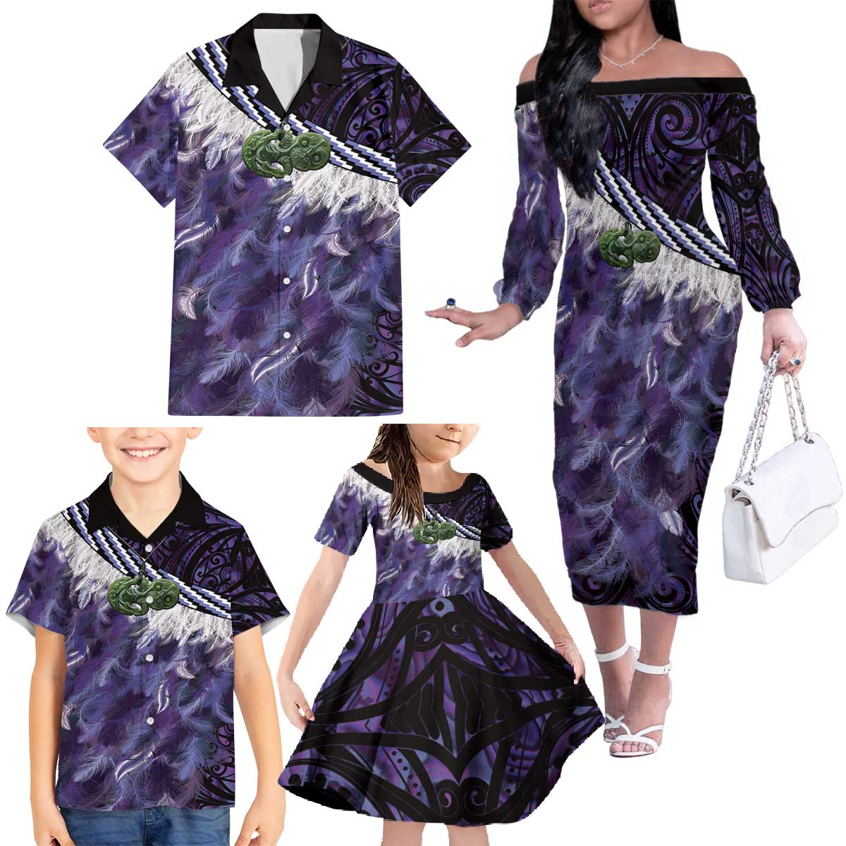 Purple Traditional Cloak Aotearoa Family Matching Off The Shoulder Long Sleeve Dress and Hawaiian Shirt Maori Paua Shell Korowai Pattern LT14 - Polynesian Pride