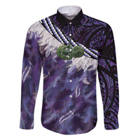 Purple Traditional Cloak Aotearoa Family Matching Off The Shoulder Long Sleeve Dress and Hawaiian Shirt Maori Paua Shell Korowai Pattern LT14 Dad's Shirt - Long Sleeve Purple - Polynesian Pride