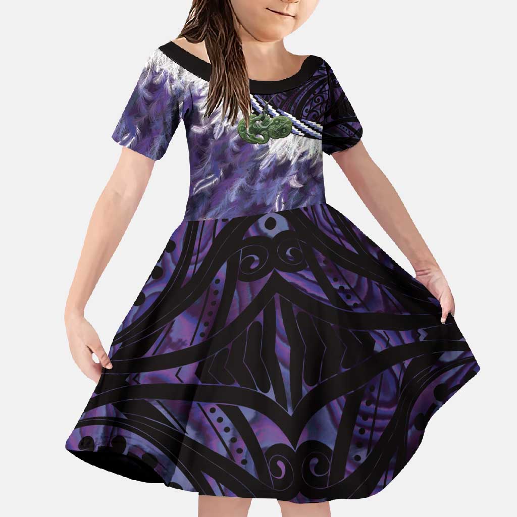 Purple Traditional Cloak Aotearoa Family Matching Short Sleeve Bodycon Dress and Hawaiian Shirt Maori Paua Shell Korowai Pattern LT14 Daughter's Dress Purple - Polynesian Pride