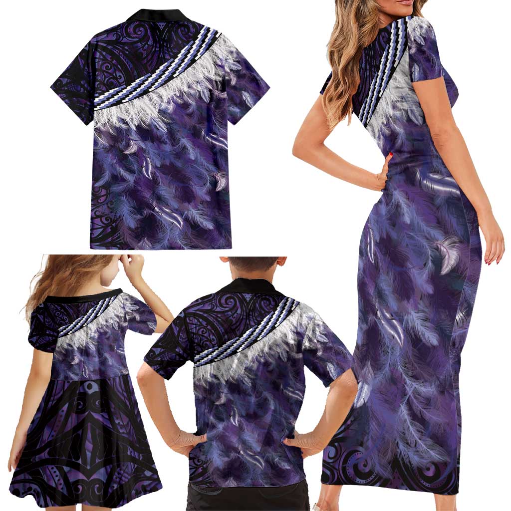 Purple Traditional Cloak Aotearoa Family Matching Short Sleeve Bodycon Dress and Hawaiian Shirt Maori Paua Shell Korowai Pattern LT14 - Polynesian Pride
