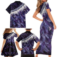 Purple Traditional Cloak Aotearoa Family Matching Short Sleeve Bodycon Dress and Hawaiian Shirt Maori Paua Shell Korowai Pattern LT14 - Polynesian Pride