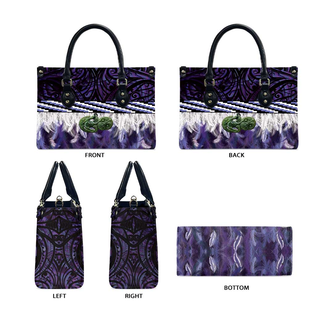 Purple Traditional Cloak Aotearoa Leather Bag Maori Paua Shell Korowai Pattern - Polynesian Pride