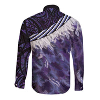Purple Traditional Cloak Aotearoa Long Sleeve Button Shirt Maori Paua Shell Korowai Pattern