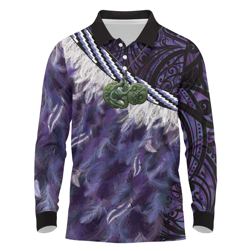Purple Traditional Cloak Aotearoa Long Sleeve Polo Shirt Maori Paua Shell Korowai Pattern