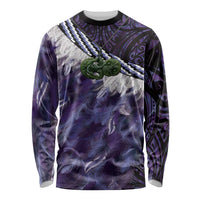 Purple Traditional Cloak Aotearoa Long Sleeve Shirt Maori Paua Shell Korowai Pattern