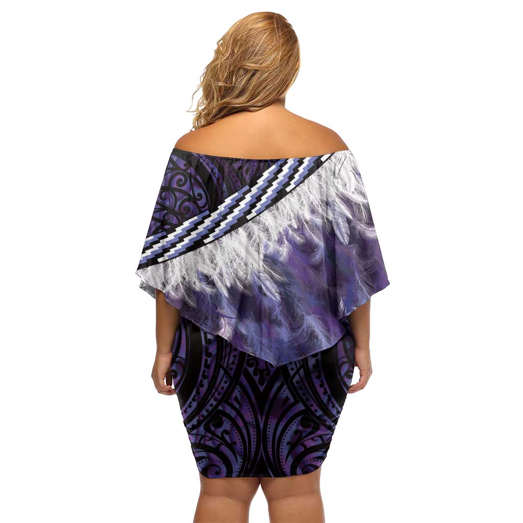 Purple Traditional Cloak Aotearoa Off Shoulder Short Dress Maori Paua Shell Korowai Pattern