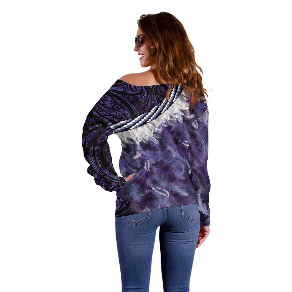 Purple Traditional Cloak Aotearoa Off Shoulder Sweater Maori Paua Shell Korowai Pattern