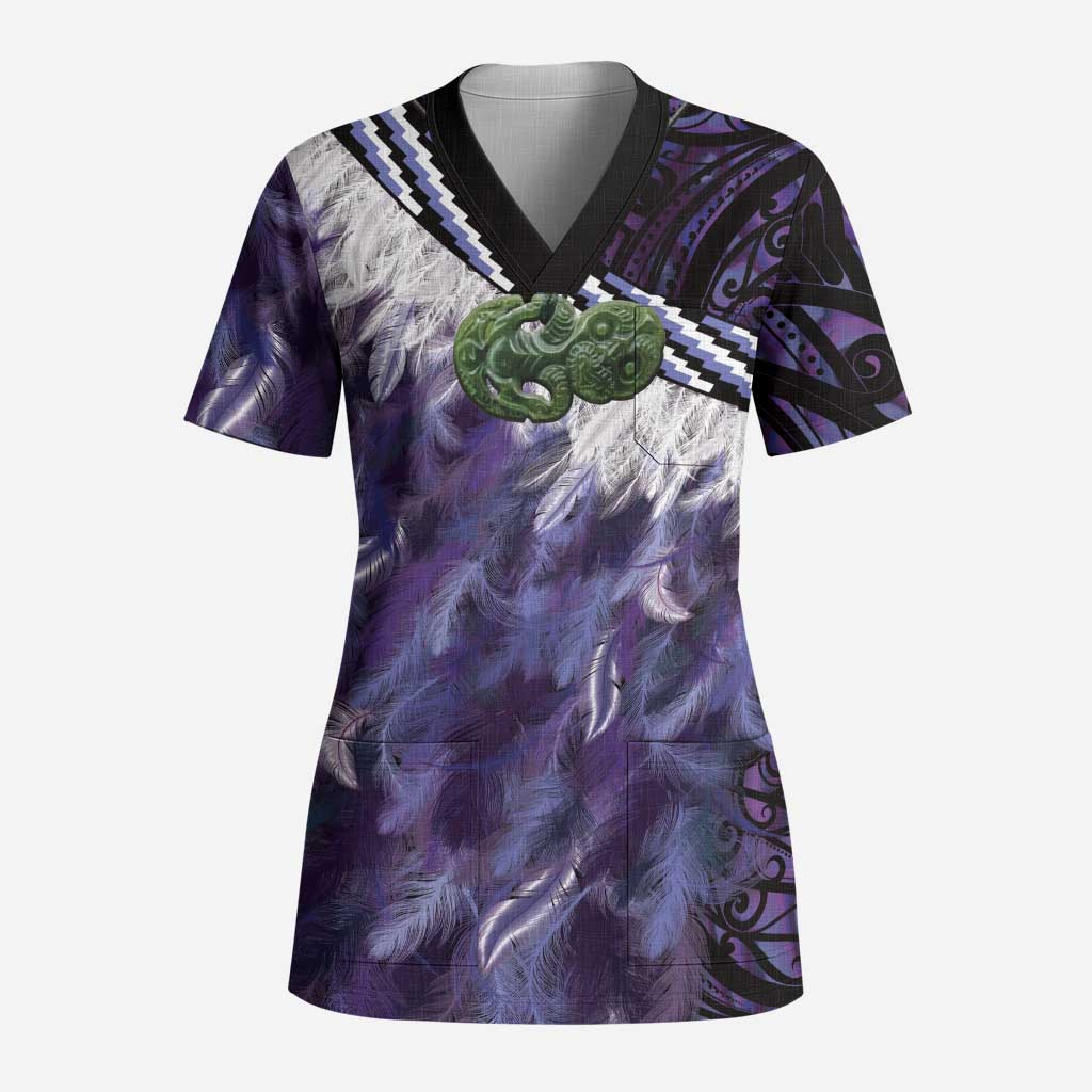 Purple Traditional Cloak Aotearoa Scrub Top Maori Paua Shell Korowai Pattern - Polynesian Pride