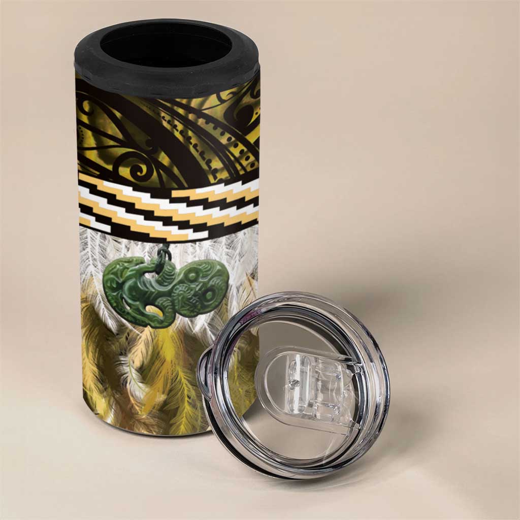 Yellow Traditional Cloak Aotearoa 4 in 1 Can Cooler Tumbler Maori Paua Shell Korowai Pattern
