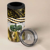 Yellow Traditional Cloak Aotearoa 4 in 1 Can Cooler Tumbler Maori Paua Shell Korowai Pattern