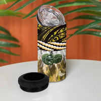 Yellow Traditional Cloak Aotearoa 4 in 1 Can Cooler Tumbler Maori Paua Shell Korowai Pattern