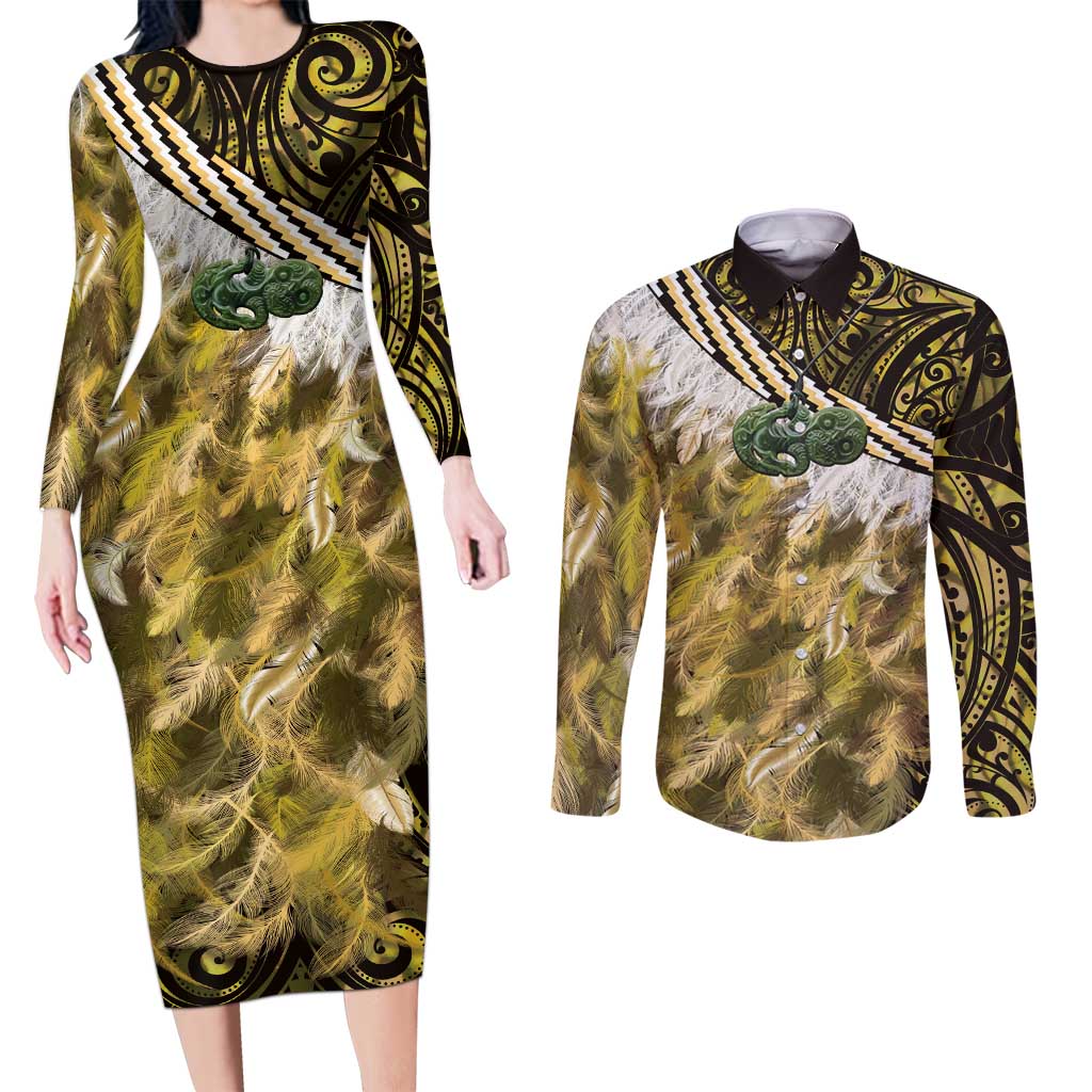 Yellow Traditional Cloak Aotearoa Couples Matching Long Sleeve Bodycon Dress and Long Sleeve Button Shirt Maori Paua Shell Korowai Pattern