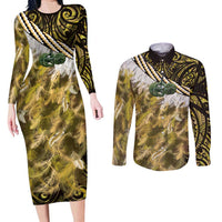 Yellow Traditional Cloak Aotearoa Couples Matching Long Sleeve Bodycon Dress and Long Sleeve Button Shirt Maori Paua Shell Korowai Pattern