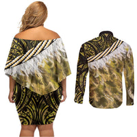 Yellow Traditional Cloak Aotearoa Couples Matching Off Shoulder Short Dress and Long Sleeve Button Shirt Maori Paua Shell Korowai Pattern