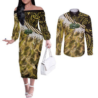 Yellow Traditional Cloak Aotearoa Couples Matching Off The Shoulder Long Sleeve Dress and Long Sleeve Button Shirt Maori Paua Shell Korowai Pattern