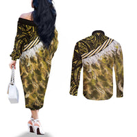 Yellow Traditional Cloak Aotearoa Couples Matching Off The Shoulder Long Sleeve Dress and Long Sleeve Button Shirt Maori Paua Shell Korowai Pattern