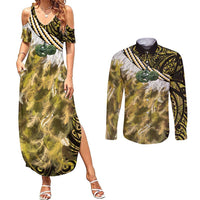 Yellow Traditional Cloak Aotearoa Couples Matching Summer Maxi Dress and Long Sleeve Button Shirt Maori Paua Shell Korowai Pattern