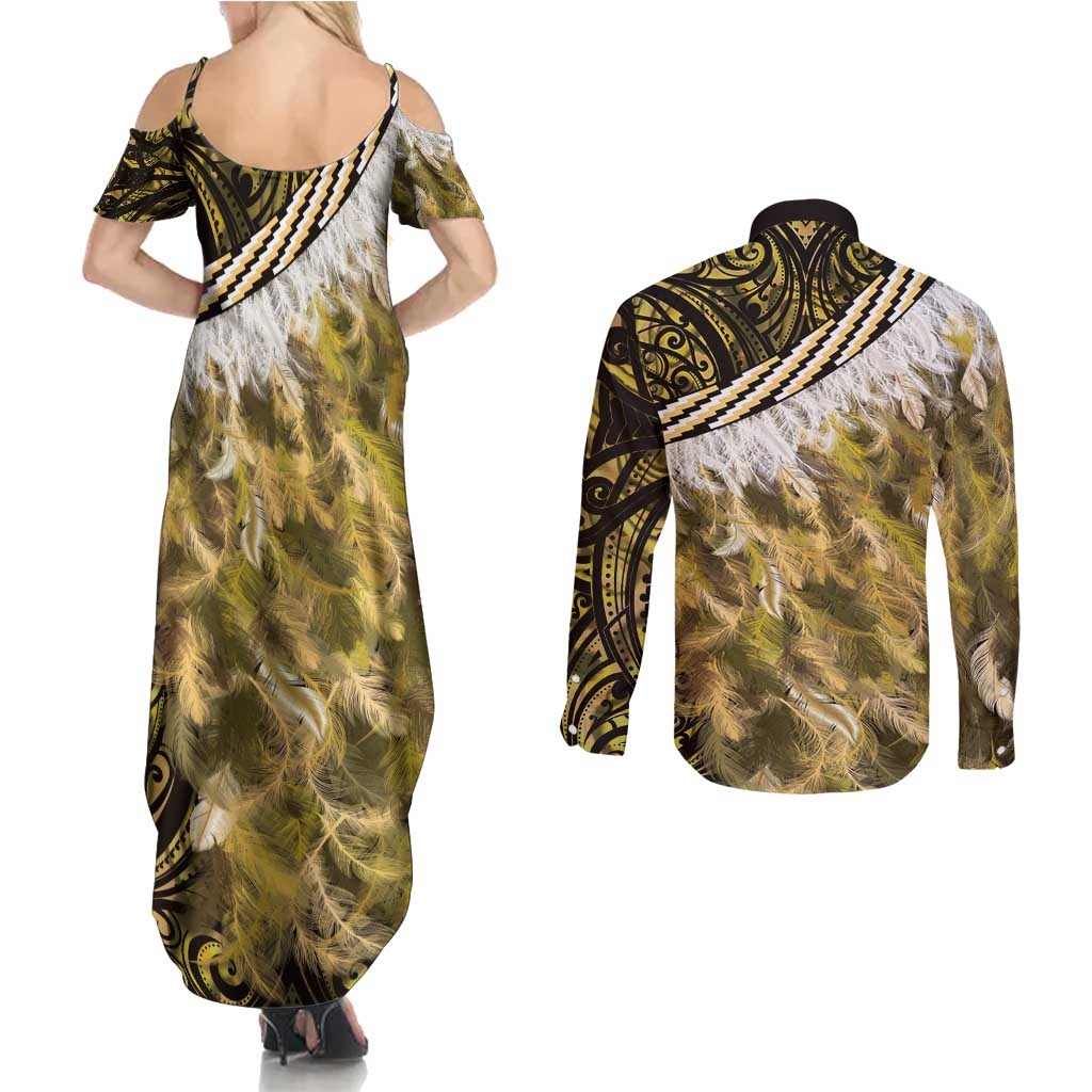 Yellow Traditional Cloak Aotearoa Couples Matching Summer Maxi Dress and Long Sleeve Button Shirt Maori Paua Shell Korowai Pattern