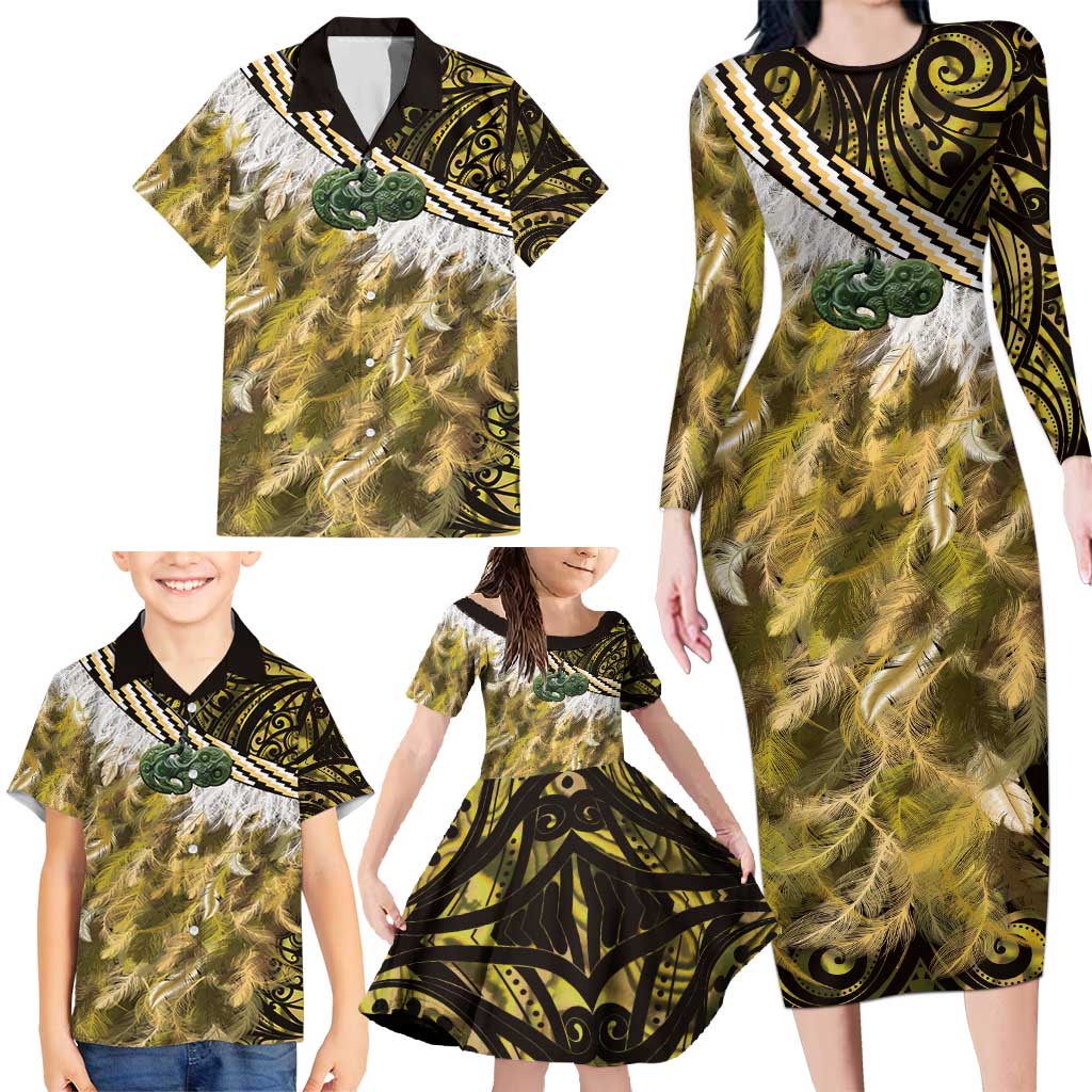 Yellow Traditional Cloak Aotearoa Family Matching Long Sleeve Bodycon Dress and Hawaiian Shirt Maori Paua Shell Korowai Pattern LT14 - Polynesian Pride